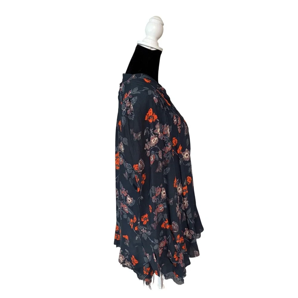 Free People Floral Boho Tunic Top‎ Small Navy Orange Butterfly Peasant Blouse